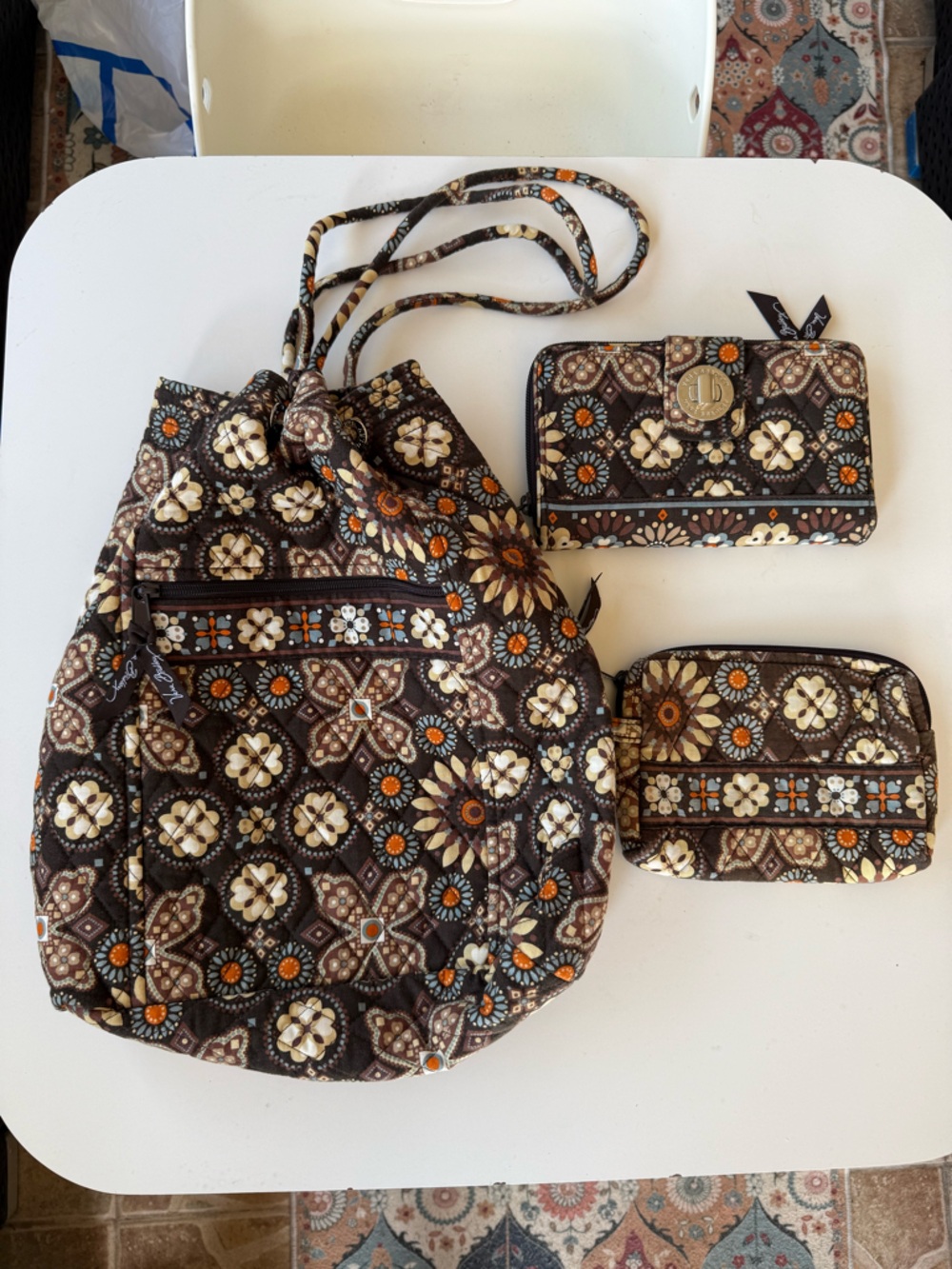 Vera Bradley Quilted Brown Floral Drawstring Backpack with Matching Wallets